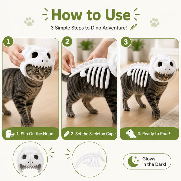 🎉🦖 Glow-in-the-Dark Dinosaur Skeleton Cat Costume — Let Your Kitty Roar at Night! ✨